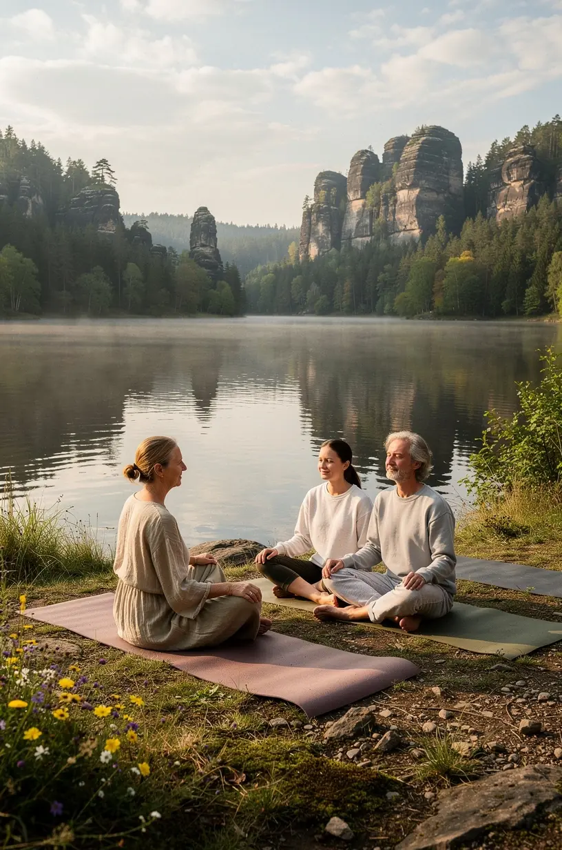 Teilnehmer einer geführten Naturimmersion im Wald, die Achtsamkeit und Entspannung in der freien Natur erleben.